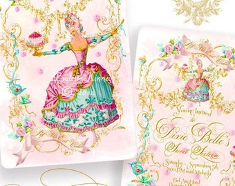 Marie Antoinette Invitations Let Us Eat Cake Party, Birthday, Tea Party, Sweet 16, Wedding Shower with Pink Shimmer Envelopes, SET of 6