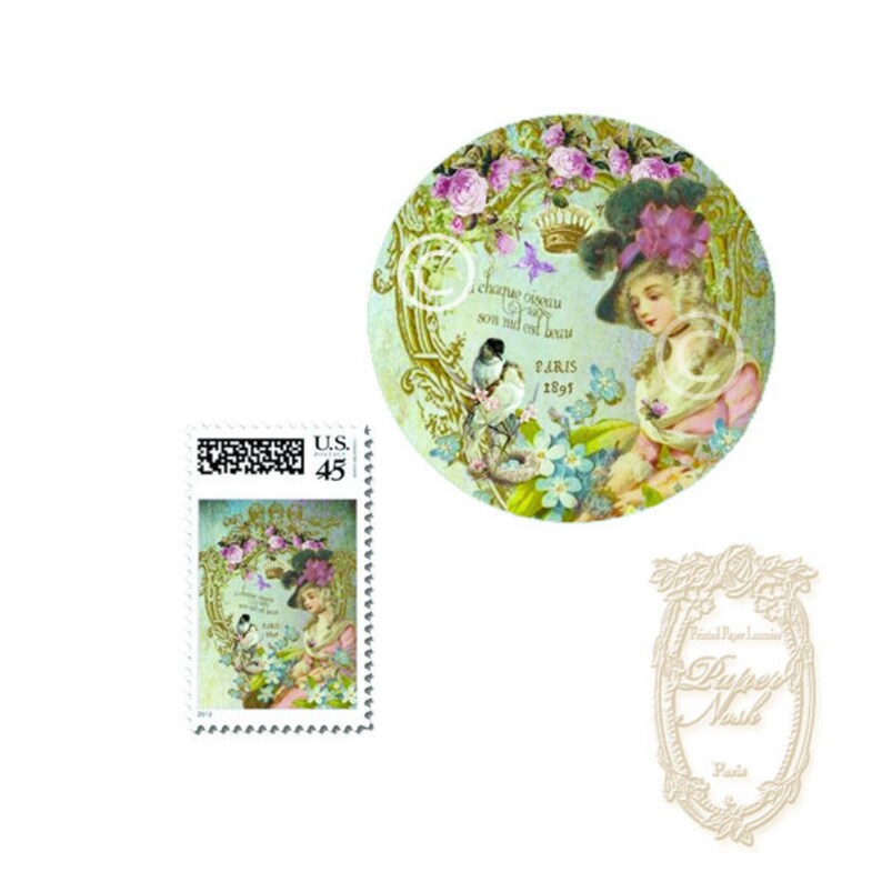 May include: A vintage-style illustration of a woman in a pink dress and a hat, holding a book. The illustration is surrounded by flowers and birds, and includes the text "Chaque oiseau son nid est douu" and "Paris 1895".