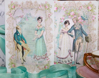 Jane Austen Stolz und Vorurteil Karte 4-er Set mit schimmernden Aqua Umschlägen und Dichtungen Optional gefütterte Umschläge