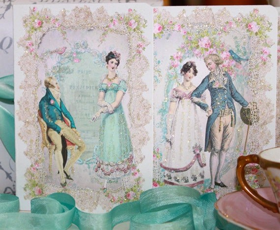 Jane Austen Pride and Prejudice Card Set of Four with Shimmering Aqua Envelopes and Seals Optional Lined Envelopes