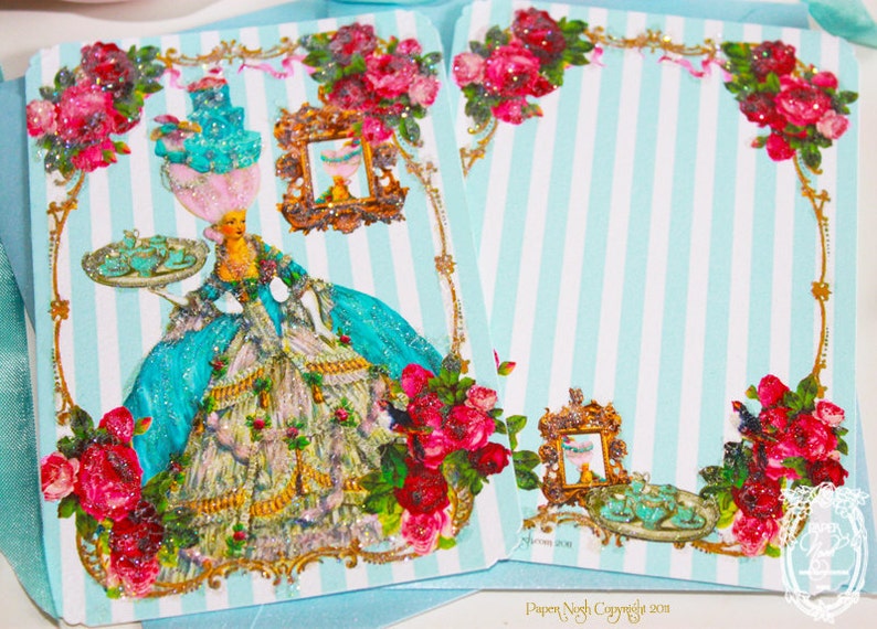 Bleu Cakes and Pink Rose Tea in the Garden for Marie Antoinette Set Invitations or Cards Set of 6