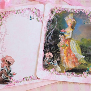 Conjunto de 6 cartões ou convites Marie Antoinette la Belle Dame Confiseries le Lapin com envelopes rosa cintilantes e selos brilhantes
