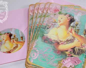 Juene Fille with avec L'oiseau Sucre Pour Vous Beautiful Card or Invitations Set and Seals