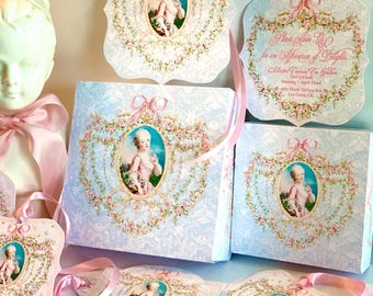 Hübsche Marie Blue Lace handgemachte Box in zwei Größen mit sechs ausgefallenen Diecut Tags oder einer Einladung