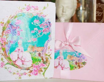 Fleur de cerisier rose pour Marie-Antoinette, lot de 6 cartes ou faire-part et enveloppes scintillantes