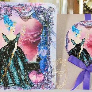 Jeu de 6 cartes Halloween Maléfique Marie-Antoinette avec enveloppes métalliques lavande et cachets pour enveloppes ronds