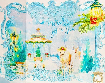 Christmas Eve Snowy Gazebo Winter Garden Gatefold Cards and Shimmer Snow White Envelopes Set of Four