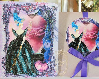 Marie Antoinette Halloween Maleficent Card Set 6 with Lavender Metallic Envelopes and Round Envelope Seals