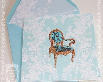 French Rococo Gold Gilded and Aqua French Chair Personalized Notecards with Shimmering Envelope Liners and French Chair  Seals