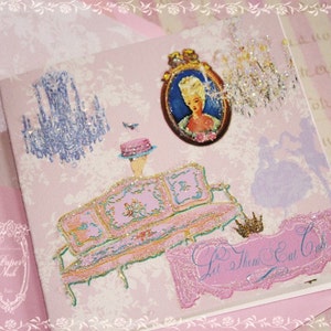 Ensemble de cartes Lustre « Let Them Eat Cake » rose de Madame DuBarry avec enveloppes à doublure scintillante