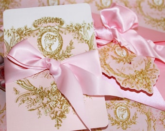 Marie Antoinette Wedding Invitations Pink and Gold Cameo Silhouette Includes Custom Type Set 10 Invitations Minimum