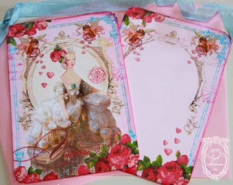 Marie Antoinette Valentine La Belle Pink Roses Invitation or Cards Set  with Pretty Pink Envelopes Heart Shaped Seals Set of 6