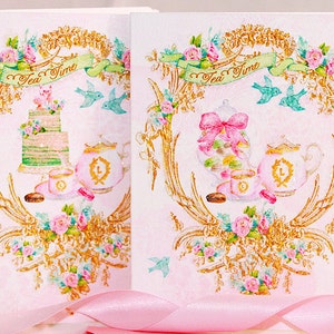 Cartões de chá da tarde em aquarela inspirados em Ladurée com envelopes rosa brilhantes, conjunto de 6