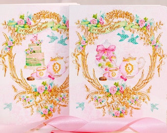 Set di 6 biglietti per il tè pomeridiano ad acquerello ispirati a Ladurée con buste rosa scintillanti