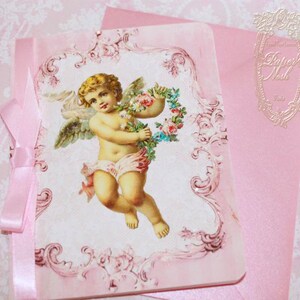 Pink Cherubini Valentines, Christening Invitations, Birth Announcements or Cards with Pink Shimmer Envelopes and Cherubini Seals Set of Six