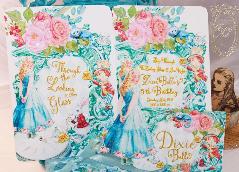 Alice Through the Looking Glass Invitations Set of 6 with Shimmer Envelopes image 2