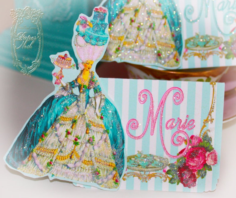Bleu Cakes and Pink Rose Tea in the Garden for Marie Antoinette Set Invitations or Cards Set of 6
