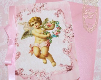 Valentinstag, Baby, Ankündigung, Taufe, Engel oder Cherub Einladungen oder Karten mit rosa schimmernden Umschlägen und Engel Siegeln Set von sechs