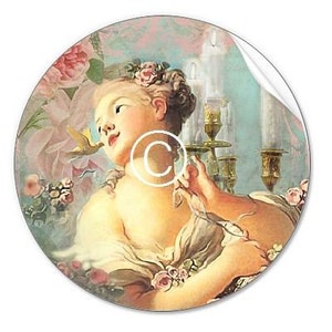 May include: A vintage-style painting of a woman with a floral crown, holding a bird in her hand. The background features candles and flowers.