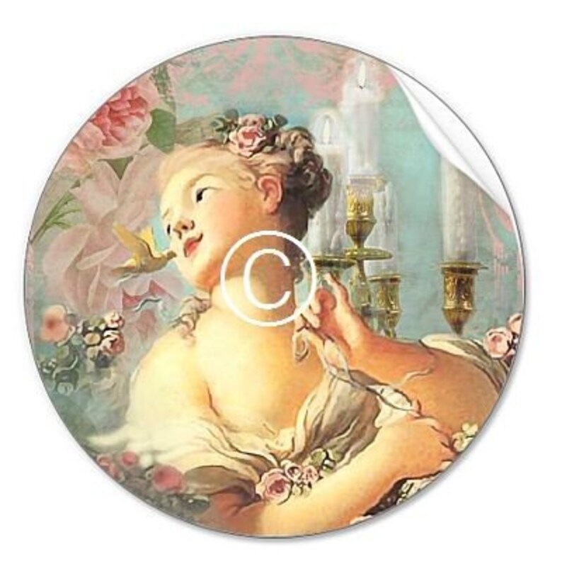 May include: A vintage-style painting of a woman with a floral crown, holding a bird in her hand. The background features candles and flowers.