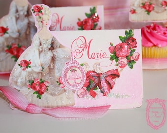 Placecards Marie Antoinette La Bella Roses Glittered  with Die-Cut Marie Set of Six