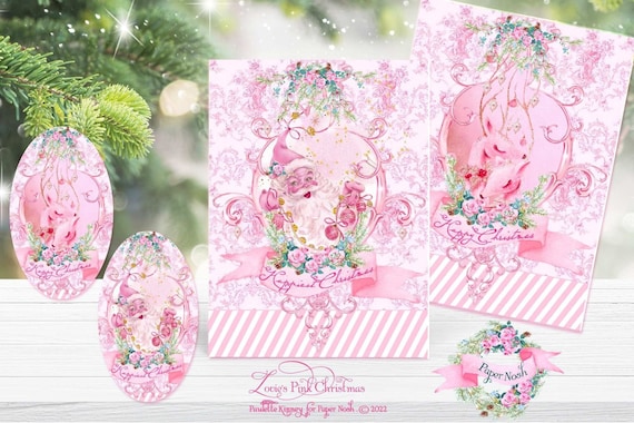 Pink Santa and Lovie Dear's Pink Christmas Choice Set of Six 5 x 7" Folding Cards with Envelopes