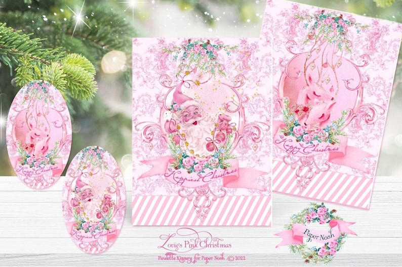 May include: Pink and white Christmas ornaments with a Santa Claus and reindeer design. The ornaments feature a pink and white striped background with a gold glitter overlay. The text "Happy Christmas" is written on a pink ribbon.