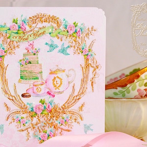 Cartões dobráveis para chá da tarde inspirados em aquarela Ladurée com envelopes rosa brilhantes Conjunto de 6 inclui envelopes metálicos brilhantes