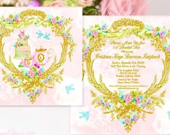 Ladurée Inspired Watercolor Invitations Wedding, Anniversary, Tea Party, Birthday or Event Handpainted Edges with Shimmer Envelope