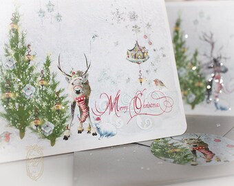Lot de 6 cartes de Noël renne dans la neige des bois avec enveloppes métalliques argentées, lot de 6