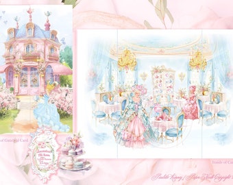Antoinette Pink Tea Room Klappkarten 4er-Set mit optionaler Einladungskarte