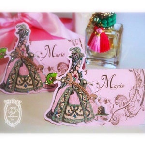 Marie Antoinette Glittered Placecards with Die-Cut Marie and Baroque Frame Set of Six