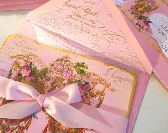 Giardino degli Antichi Crepuscolo Rosa per Maria Antonietta Set di 6 Grandi Inviti o Biglietti Pieghevoli con Buste Rosa Scintillanti
