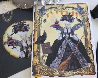 Marie Antoinette Halloween Witch Card Set, Flying Monkey, Cat, Crow, Seals Set of 6