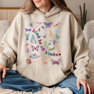Be Kind To All Kinds Vintage Line Art Beetles Bugs and Butterflies Hoodie, Kindness Hoodie, Be Kind,  Hoodie, Inspirational Shirt