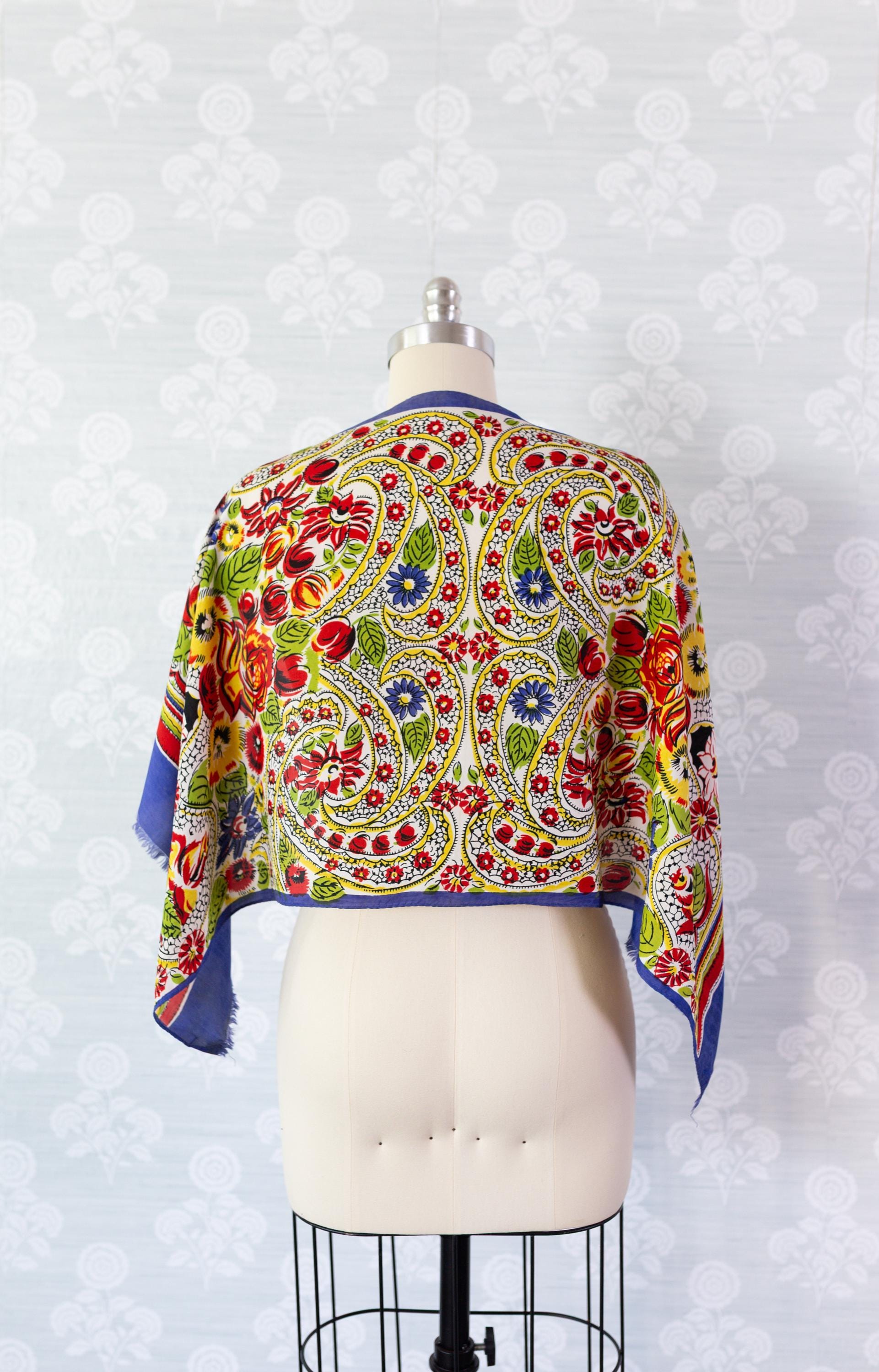 1940s Primary Color Floral Stripe Scarf