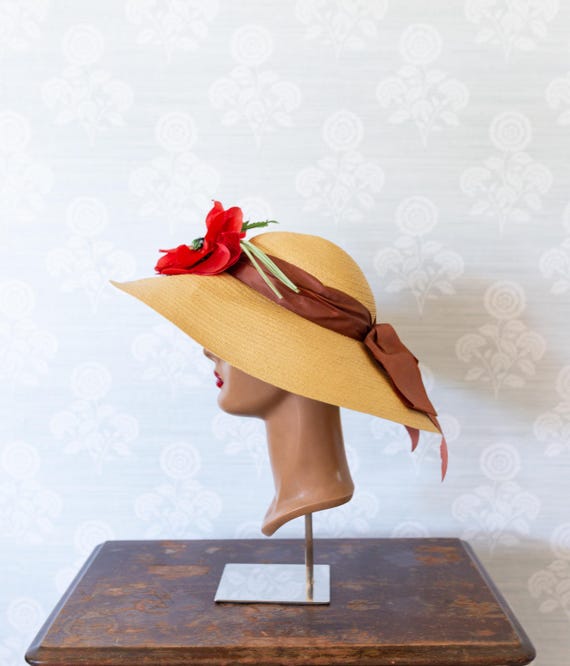 1930s Wide Brim Sunhat With Large Poppies - Etsy Israel