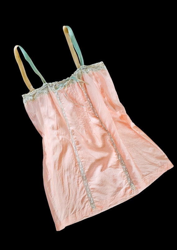 1920s Peach Silk Slip With Dual Color Ribbons