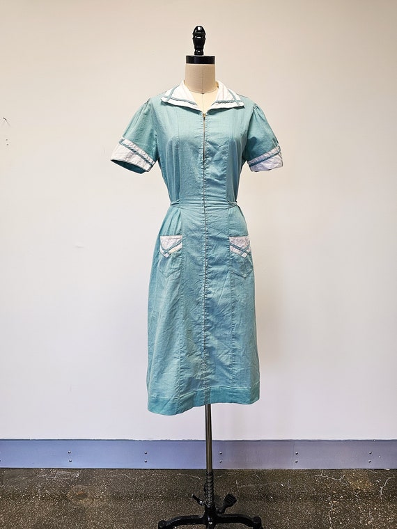 1940s Cotton Chambray Waitress Zip Dress
