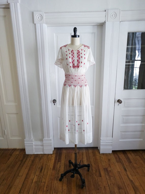 1930s Hungarian Peasant Dress With Red Embroidery