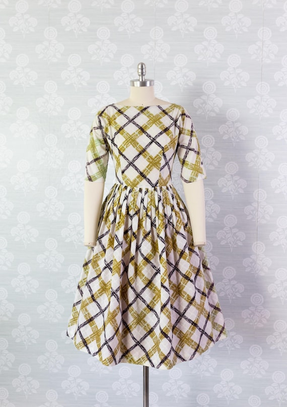1950s Gold and Black Abract Plaid Dress