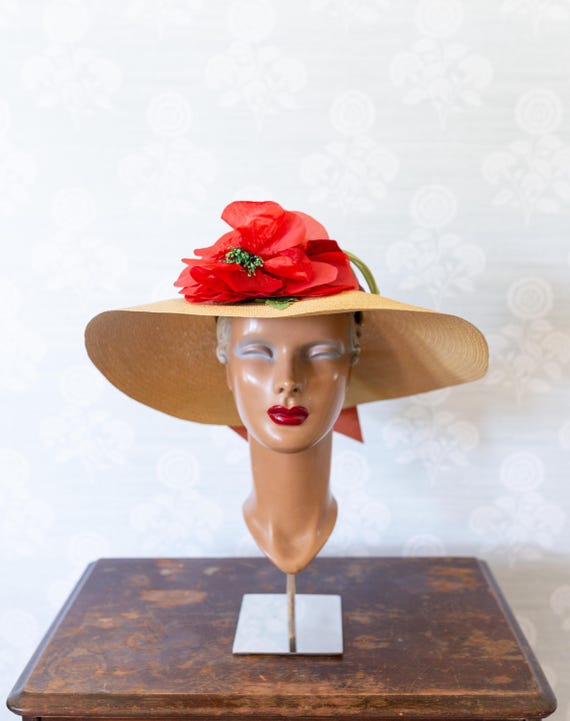 1930s Wide Brim Sunhat With Large Poppies - Etsy Israel display picture 1