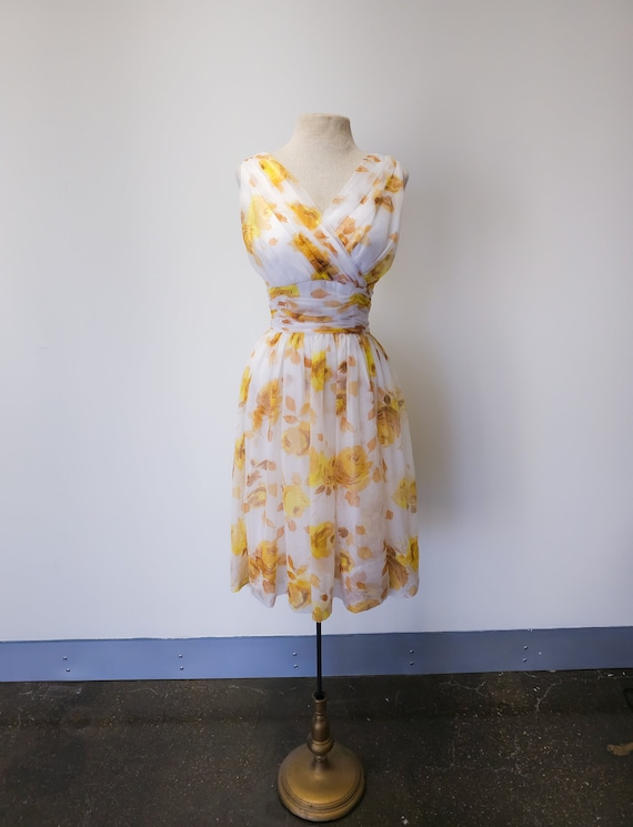 1950s Yellow Rose Print Chiffon Party Dress