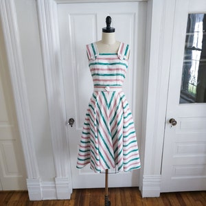 1950s Pink And Teal Striped Sun Dress With Belt