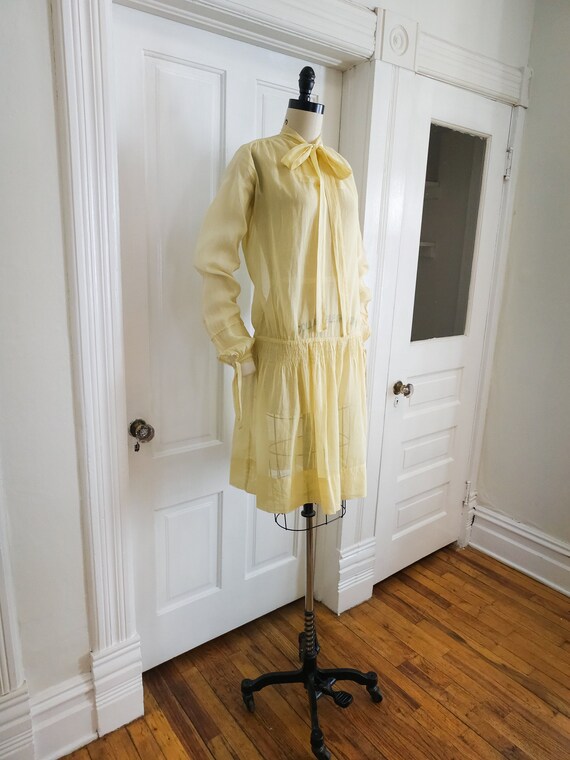 1920s Lemon Yellow Gauze Day Dress Gem