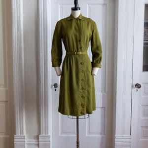 1940s Avocado Green Gabardine Dress With Belt