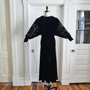 1930s Black Silk Velvet Devoré Burnout Batwing Gown