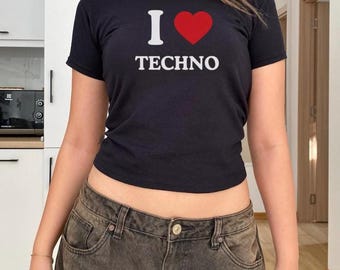 I Heart Techno Baby Tee: Funny Y2K Rave Shirt