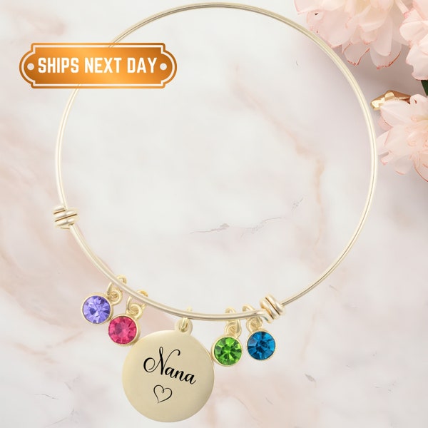 Nana Bracelet Personalized,Nana Jewelry for Mother's Day,Nana Gift with Grandkid's Birthstones,Bangle Bracelet for Nana,Custom Nana Gifts