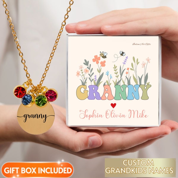 Granny Necklace Personalized,Grandma Charm Necklace for Mother's Day with Grandkids Birthstone,Custom Gold Necklace Birthday Gift for Granny